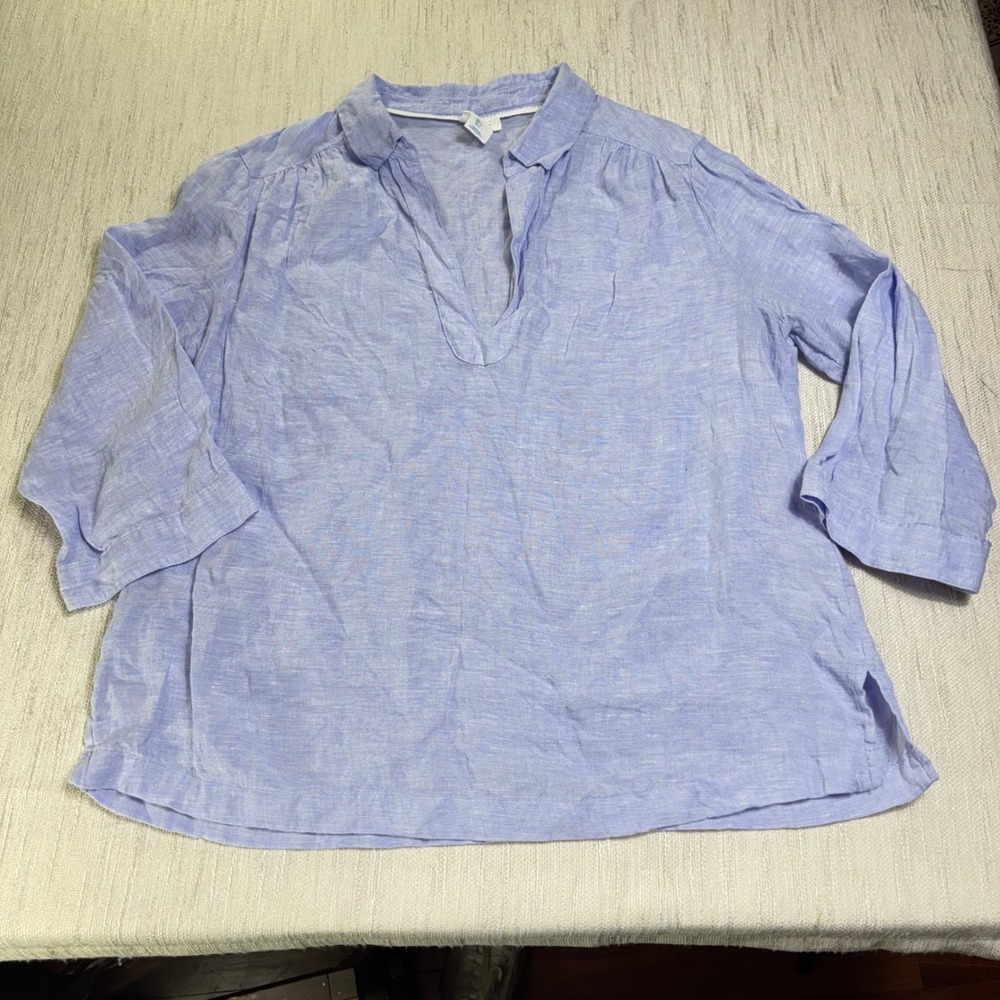 Sigrid Olsen Womens Blue 100% Linen V-Neck Tunic Top 3/4 Sleeve Size L Large